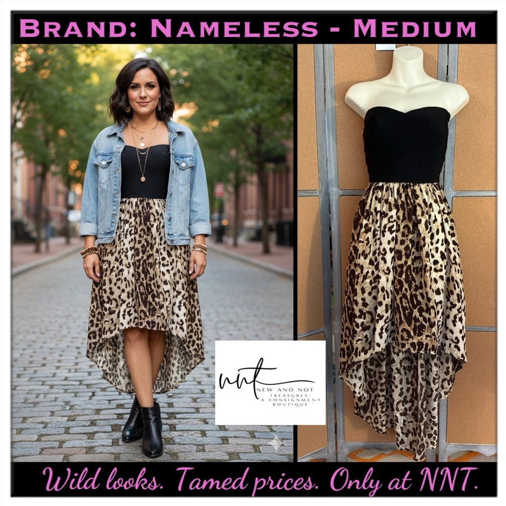 Strapless Leopard Print Hi-Lo Dress Medium Stretchy Bodice Belted Look EUC
